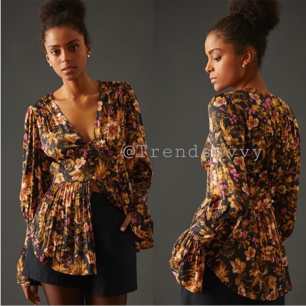 Anthropologie Croset Black Floral Tunic Blouse XS Deep V Boho Romantic New Tags